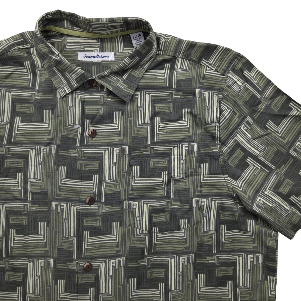 Tommy Bahama Island Zone Silk Blend Camp Shirt Geometric Print‎ Green Mens XL